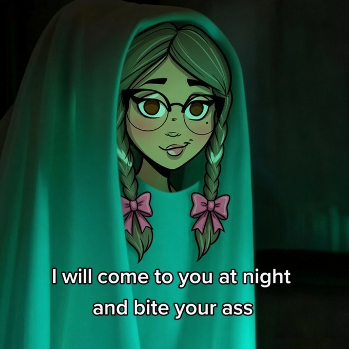A smiling green-skinned cartoon girl with glasses and pink bows in her braids appears draped in a ghostly veil, with caption text reading "I will come to you at night and bite your ass." The spooky image playfully matches the poster's Taco Tuesday greeting and biting warning to their crypto community, including Grok.