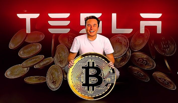 A promotional image shows Elon Musk smiling while holding a large Bitcoin coin, with the Tesla logo prominently displayed in red behind him and numerous Bitcoin coins floating around.