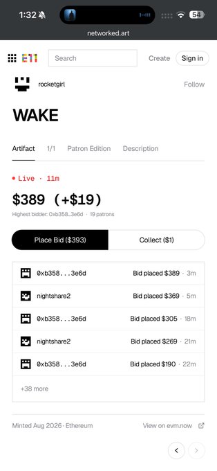 A mobile screenshot of the networked.art NFT marketplace displays a live auction for an artwork titled "WAKE" by rockygirl, currently bid at $389 (+$19) and minted on Ethereum.
