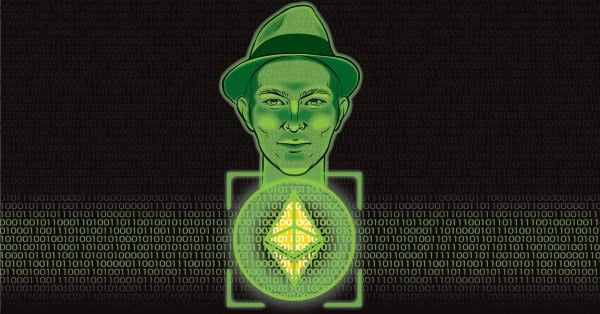 A stylized green graphic of a man wearing a hat with a glowing Ethereum logo over his chest, set against a background of binary code.