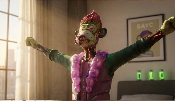 A 3D-rendered zombie monkey NFT character with red hair, wearing a pink lei and green sleeves, posed with arms raised in a room with a framed 'BAYC' poster on the wall behind it.
