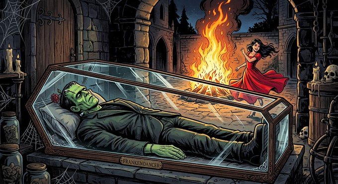 A colorful illustration showing Frankenstein's monster lying inside a glass coffin in a gothic castle setting, while a woman in a red dress stands near a large fire in the background.
