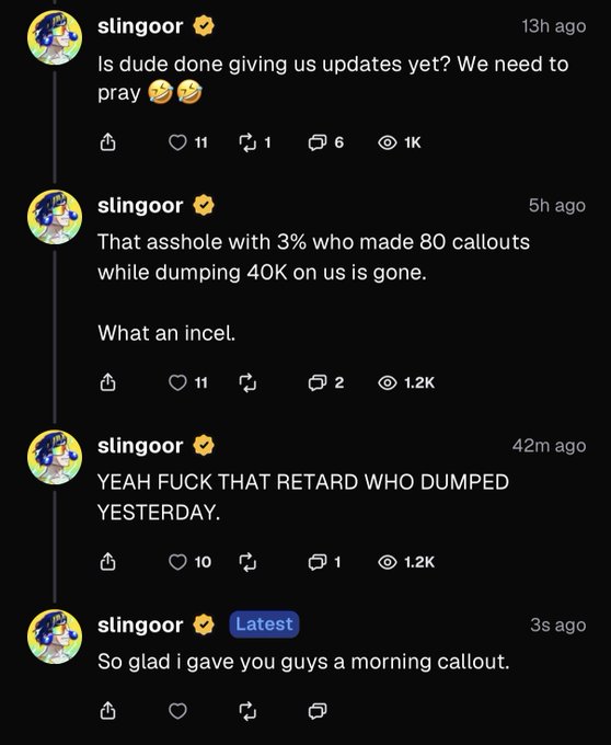 A screenshot of social media posts by user 'slingoor' containing profane language about stock trading callouts and dumps.