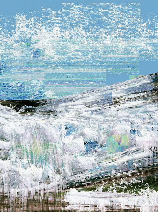 An abstract painting featuring a textured square of shimmering blue and white brushstrokes at the top, contrasted with chaotic, gestural strokes of white, gray, green, and brown below.