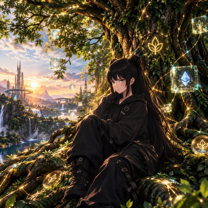 An anime-style illustration of a dark-haired girl in black clothing sitting under a large tree with glowing Solana and Ethereum logos floating around her, with a fantasy landscape in the background (signed 'HAZELS').