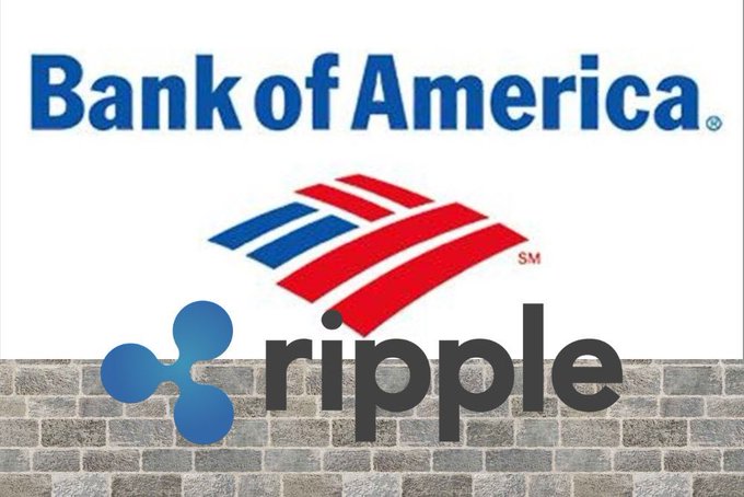 The image displays the Bank of America logo alongside the Ripple (XRP) logo against a brick wall background, visually representing the bank's reported use of XRP for its internal transactions. This aligns with the post's claim that Bank of America has conducted approximately 100% of its internal transactions on XRP over the past two years.