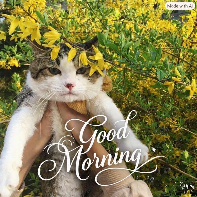 An AI-generated image showing a cat being held up by a person's arms in front of yellow flowering bushes, with cursive text reading 'Good Morning.'