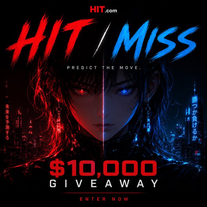 Promotional graphic for HIT.com featuring a split anime-style portrait with one red eye and one blue eye, flanked by cityscapes, advertising a "$10,000 GIVEAWAY" under the tagline "HIT/MISS - PREDICT THE MOVE" with "ENTER NOW" at the bottom. The image visually reinforces the trading giveaway post by emphasizing the "predict the move" challenge with the contrasting red/blue theme representing hit or miss outcomes.