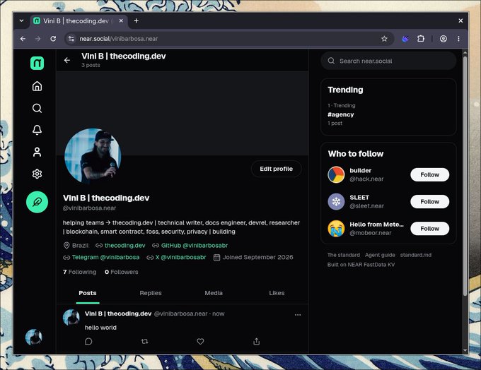 A screenshot of a NEAR social media profile page for 'Vini B | thecoding.dev' (@vinibarbosab.near) displayed in a web browser, showing bio text about blockchain and Web3 work, with Trending and Who to Follow sections on the sidebar.