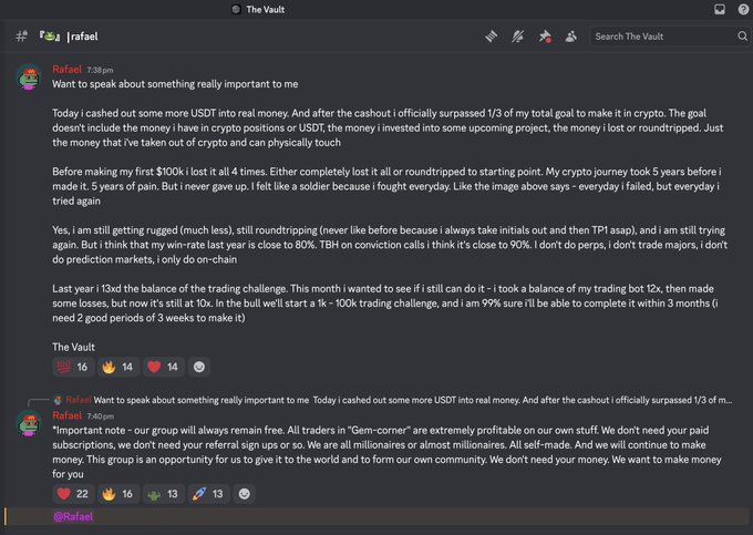 A Discord message from user 'Rafael' in 'The Vault' discussing crypto trading milestones, cashing out USDT, and goals, with reactions and replies below.
