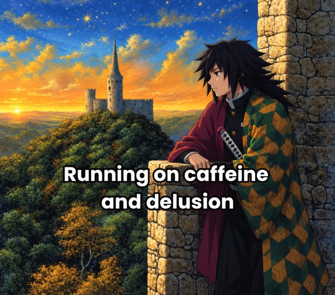 An anime illustration of a swordsman in a red coat and checkered haori leaning on a castle wall at sunset, with the caption 'Running on caffeine and delusion'.