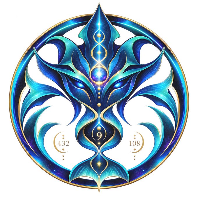 A symmetrical blue and gold ornamental emblem featuring a stylized whale-tail design with the numbers 432, 9, and 108 displayed at the bottom.