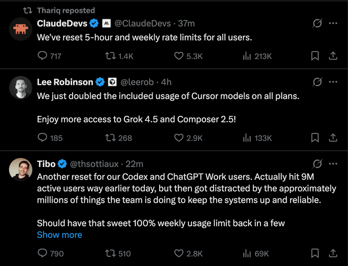 A Twitter feed showing posts from ClaudeDevs ('We've reset 5-hour and weekly rate limits...'), Lee Robinson ('We just doubled the included usage of Cursor models...'), and Tibo ('Another reset for our Codex and ChatGPT Work users...').