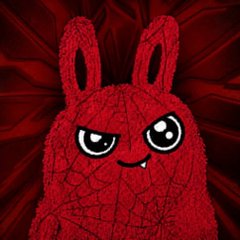 A red cartoon bunny character with sharp teeth and a mischievous expression is featured against a cracked red background, representing the BunnysHood NFT collection being given away in a paid mint raffle on Robinhood.