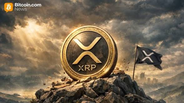 A dramatic Bitcoin.com News promotional image featuring a large gold XRP coin planted on a rocky mountain peak with an XRP flag, set against a cloudy sky.