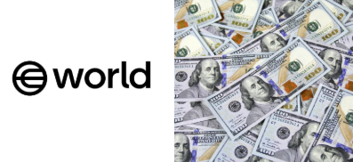 A split image featuring the 'world' cryptocurrency logo with its distinctive W icon on the left, and a spread of US $100 bills on the right.