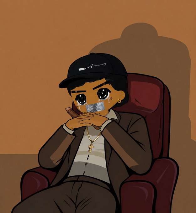 An illustration of a sad cartoon character wearing a black cap and a cross necklace, with tears in their eyes and tape over their mouth, sitting in a red chair while holding a cigar.