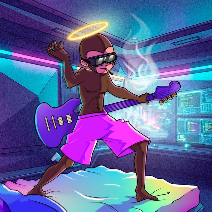 A stylized cartoon figure wearing a halo, ski goggles, and pink shorts plays a glowing purple electric guitar while standing on a bed in a futuristic neon-lit room, with a computer screen in the background displaying "NFD: ALL DRIVING THE MAPPING." The image's edgy, meme-driven NFT art style complements the post about a newly minted NFT collection tied to a $VOLT token ecosystem and DeFi/NFT project roadmap.