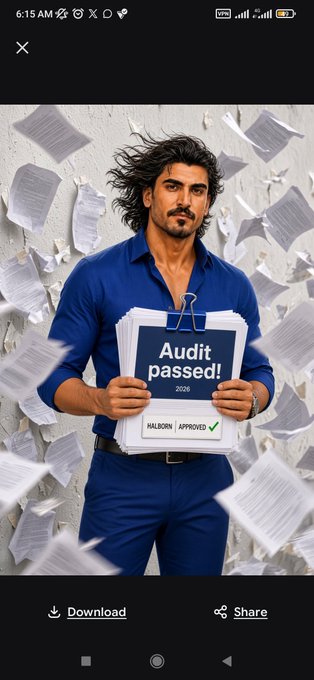 A phone screenshot showing an AI-generated illustration of a handsome man with long dark hair in a blue shirt holding a clipboard that reads 'Audit passed! 2026 HALBORN APPROVED ✓', with floating papers around him and Download/Share buttons at the bottom.