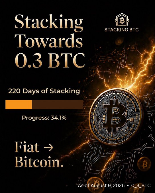 A progress graphic showing "Stacking Towards 0.3 BTC" with a 34.1% progress bar after 220 days, dated August 9, 2026, featuring a stylized Bitcoin coin amid circuit-board patterns and lightning effects. The "Fiat → Bitcoin" tagline and "STACKING BTC" logo reinforce the post's theme of disciplined Bitcoin accumulation despite doubts.