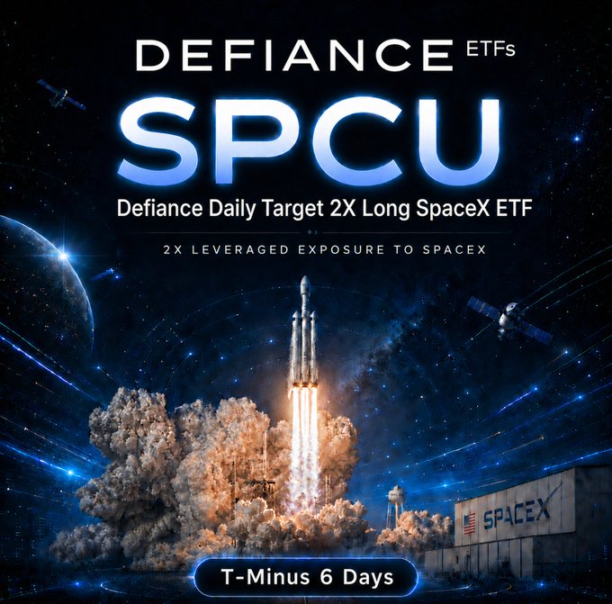 The image features a rocket launch, with the text "Defiance ETS SPCU" above it. Below this, there are two lines of text that read "T-Minus 6 days until the SPCU IPO". The main focus of the image is the rocket launching into space, and the title "Defiance ETS SPCU" suggests a connection to the ETF related to space exploration or companies involved in space travel.
