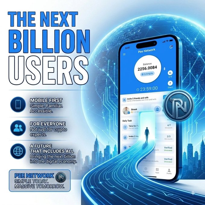 Promotional advertisement for 'Pee Network' cryptocurrency, featuring a smartphone displaying a balance of 2256.0084 and the tagline 'THE NEXT BILLION USERS - SIMPLE TODAY, MASSIVE TOMORROW.'