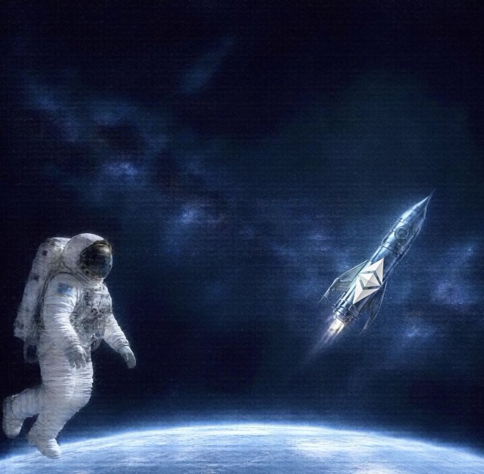 Digital artwork of an astronaut floating in space above Earth's horizon, watching an Ethereum (ETH) rocket ship launch into a starry night sky.