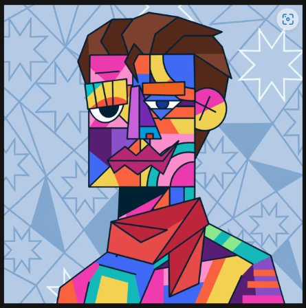 Colorful cubist/abstract pop-art style portrait of a man's face composed of geometric shapes in vibrant pink, yellow, blue, green, and purple tones, set against a light blue star-patterned background.