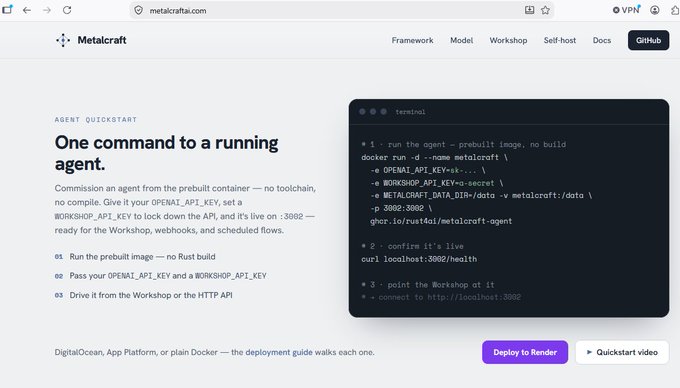 The image shows the Metalcraft website (metalcrafta.com) featuring an "Agent Quickstart" page with the headline "One command to a running agent," displaying terminal commands for deploying a prebuilt agent container via Docker, along with "Deploy to Render" and "Quickstart video" buttons. This visually confirms the post's announcement about adding a one-click Render deployment option for the metalcraft-agent project, with the rendered deploy button prominently showcased alongside the 30-second setup guide.
