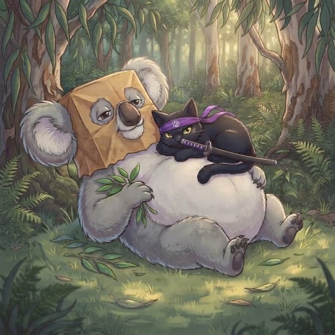 A fluffy koala with a paper bag on its head relaxes in a forest while munching on eucalyptus leaves, with a ninja-costumed black cat wielding a katana perched on its belly. This whimsical, pop-culture mashup artwork visually captures the playful, meme-inspired spirit of the Koala memecoin, symbolizing the lighthearted and unconventional nature of the promoted INJ staking campaign.