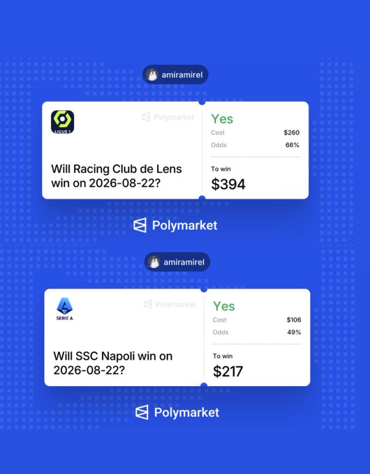 Polymarket betting interface showing two 'Yes' bets by user amiramirel: Racing Club de Lens winning on 2026-08-22 (cost $260, 66% odds, to win $394) and SSC Napoli winning on 2026-08-22 (cost $106, 49% odds, to win $217).