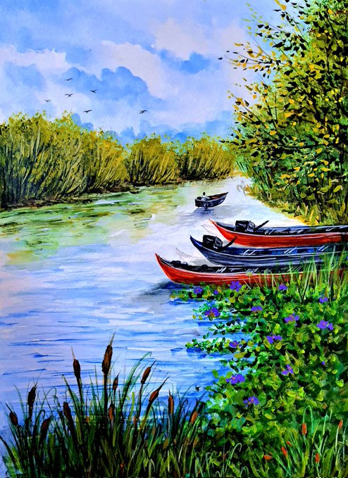 A serene landscape painting titled "Blue Tranquility" depicting several boats moored along a calm riverbank, surrounded by lush greenery, wildflowers, cattails, and a partly cloudy blue sky with birds in flight, evoking a peaceful morning scene. The artwork's tranquil mood and natural setting align with the "Good morning" greeting shared in the accompanying post.