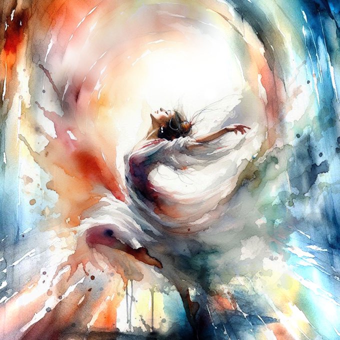 A watercolor painting of a woman in a flowing white dress, her head tilted back as she appears to dance or float within a swirling vortex of colorful light.