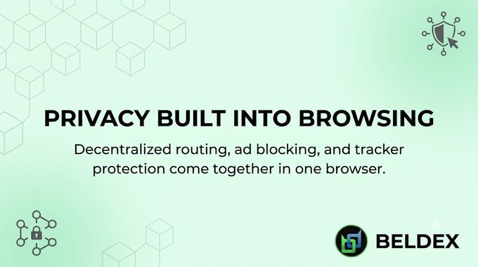 An advertisement for Beldex browser featuring the text "PRIVACY BUILT INTO BROWSING - Decentralized routing, ad blocking, and tracker protection come together in one browser." on a light green background with geometric cube patterns.
