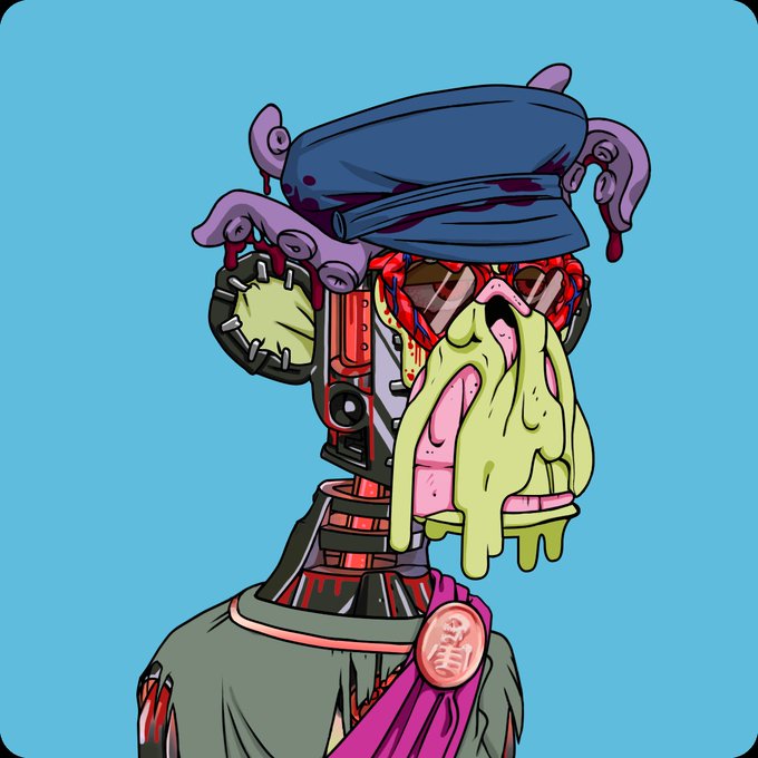 A colorful digital illustration of a cyborg-like character with exposed mechanical parts, a head wrap with purple tentacles, and green slime dripping from its face.