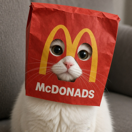 A white cat with large eyes has a red McDonald's paper bag with yellow golden arches placed over its head, with the text 'McDONADS' written on it.