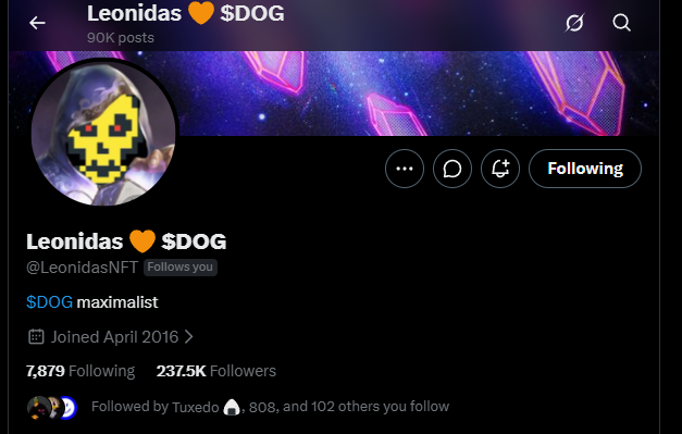 A Twitter/X profile page for 'Leonidas 🧡 $DOG' (@LeonidasNFT), describing themselves as a '$DOG maximalist' with 237.5K followers, featuring a pixelated yellow smiley face profile picture.