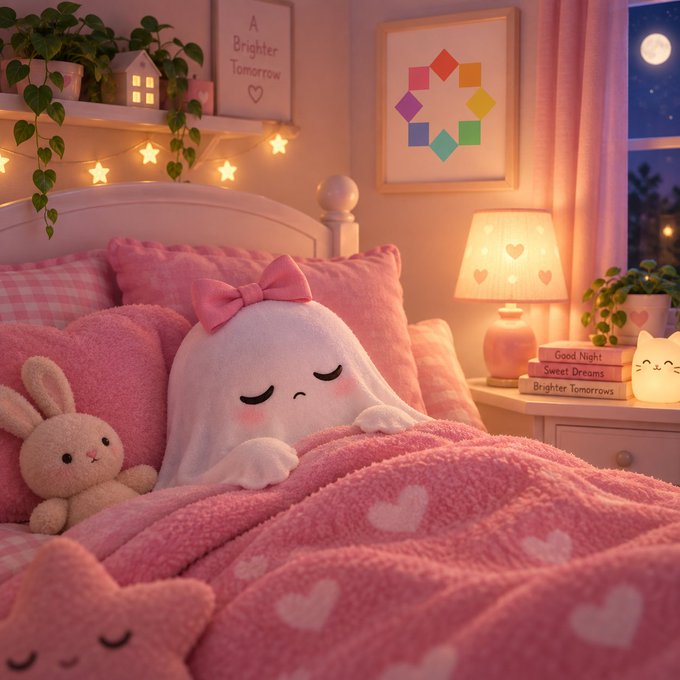 A cozy, pink-themed bedroom features a sleeping ghost plushie with a bow, a bunny stuffed animal, and pink heart-patterned bedding. Framed wall art reads 'A Brighter Tomorrow' and stacked books say 'Good Night', 'Sweet Dreams', and 'Brighter Tomorrows'.