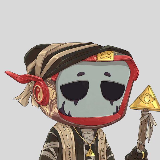 A stylized 3D-rendered character wearing a striped headband, red headphones, and a skull-like mask, holding a staff topped with a golden triangle featuring an eye symbol.