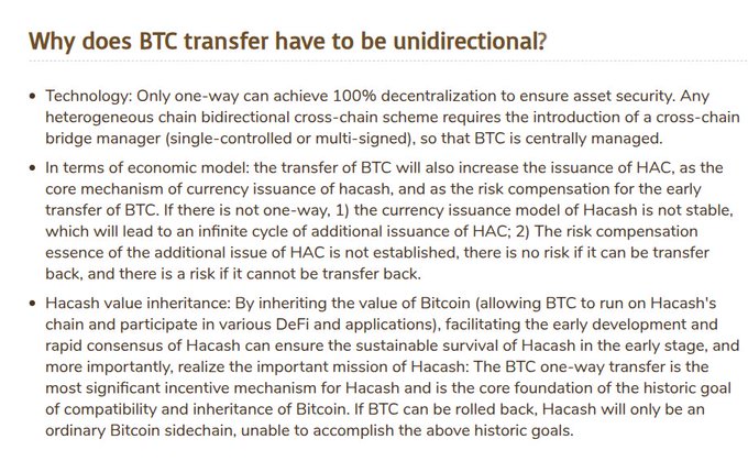 A text document titled 'Why does BTC transfer have to be unidirectional?' explaining the technology, economic model, and Hacash value inheritance rationale for one-way BTC transfers.