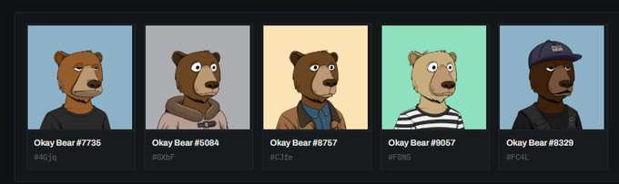 Five illustrated bear NFTs—Okay Bear #7735, #5084, #5757, #9057, and #8329—are displayed in a row with their respective trait values (#4Gjq, #8XbFr, #CJfe, #F8NS, #FC4L), visually representing the collection of 5 bears mentioned in the caption as being part of a 10 SOL-backed draw.