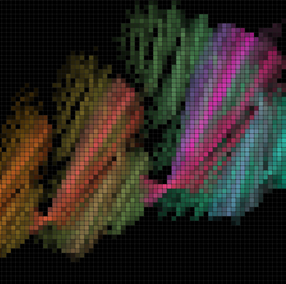 An abstract pixelated mosaic art piece featuring colorful squares in shades of orange, pink, green, purple, and blue blending together against a dark background.