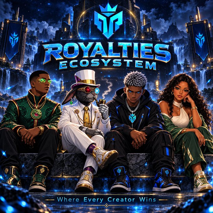 A promotional image for 'ROYALTIES ECOSYSTEM' with the tagline 'Where Every Creator Wins' shows four elaborately dressed stylized characters sitting in front of a fantasy castle.