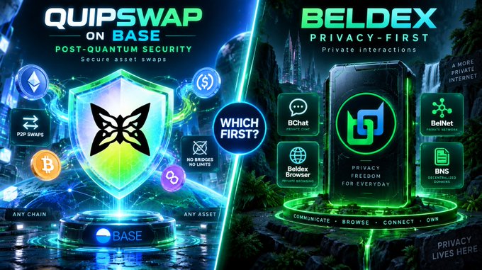 A promotional graphic comparing 'QUIPSWAP ON BASE' featuring post-quantum security and asset swaps, with 'BELDEX' featuring privacy-first private interactions.