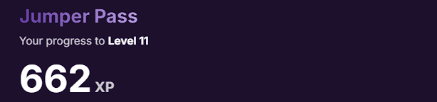 A dark screen displays 'Jumper Pass' with the text 'Your progress to Level 11' and a large '662 XP' shown.