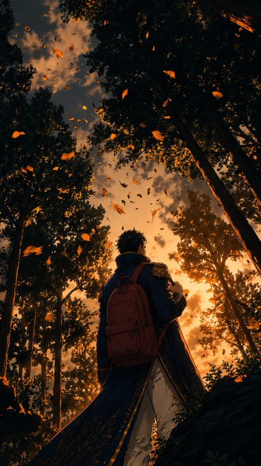 An atmospheric anime-style illustration shows a cloaked figure with a red backpack standing in a forest, gazing up as autumn leaves blow through the warm, golden sunset light.