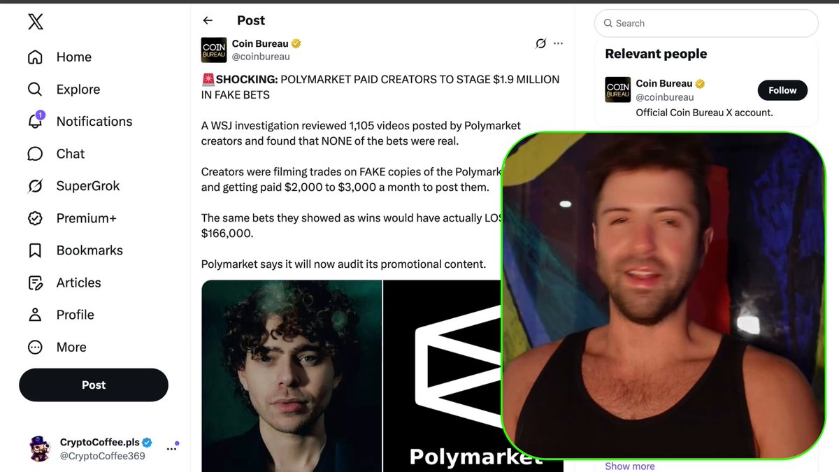 The image shows a man wearing a black tank top, with his face prominently displayed against a white background. The main focus of the image is a social media post that includes a photo of another person along with some text. The post appears to be related to cryptocurrency news or information about Bitcoin and Ethereum.