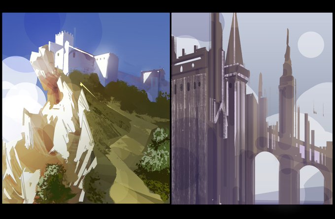 Two side-by-side digital paintings contrast a sunlit mountain fortress with crenellated walls perched on a rocky peak against a misty, towering castle featuring Gothic spires and a stone bridge in cool purple-gray tones, suggesting a whimsical "doodles" exploration of fantasy architecture.
