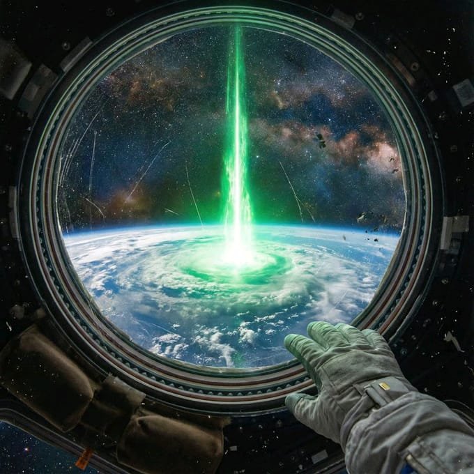 A view from a spacecraft window showing an astronaut's gloved hand reaching out toward a vibrant green beam of light striking Earth's surface, set against a backdrop of the Milky Way galaxy.