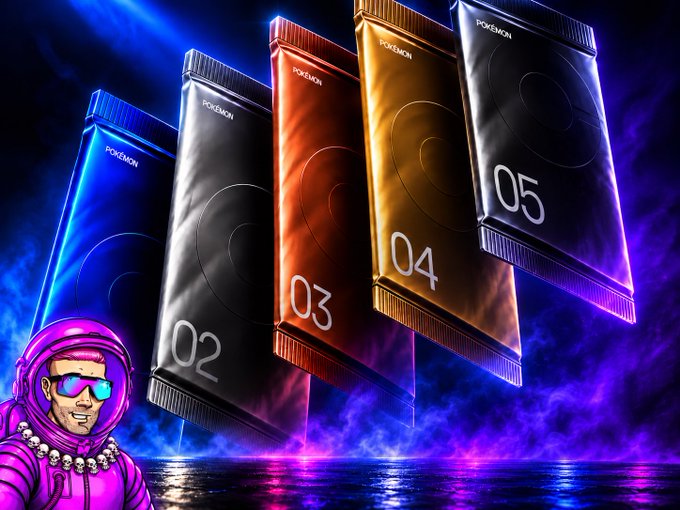Five stylized Pokémon trading card packs labeled "02," "03," "04," and "05" float in a vibrant neon-lit space alongside a cartoon character, visually evoking the excitement of ripping digital packs on Coinbase's platform. The image ties directly to the post's theme, highlighting how the thrill of opening packs ("the rip is the hook") is paired with the assurance of real physical cards being stored or shipped ("the vault is the product"), potentially boosting $COIN.